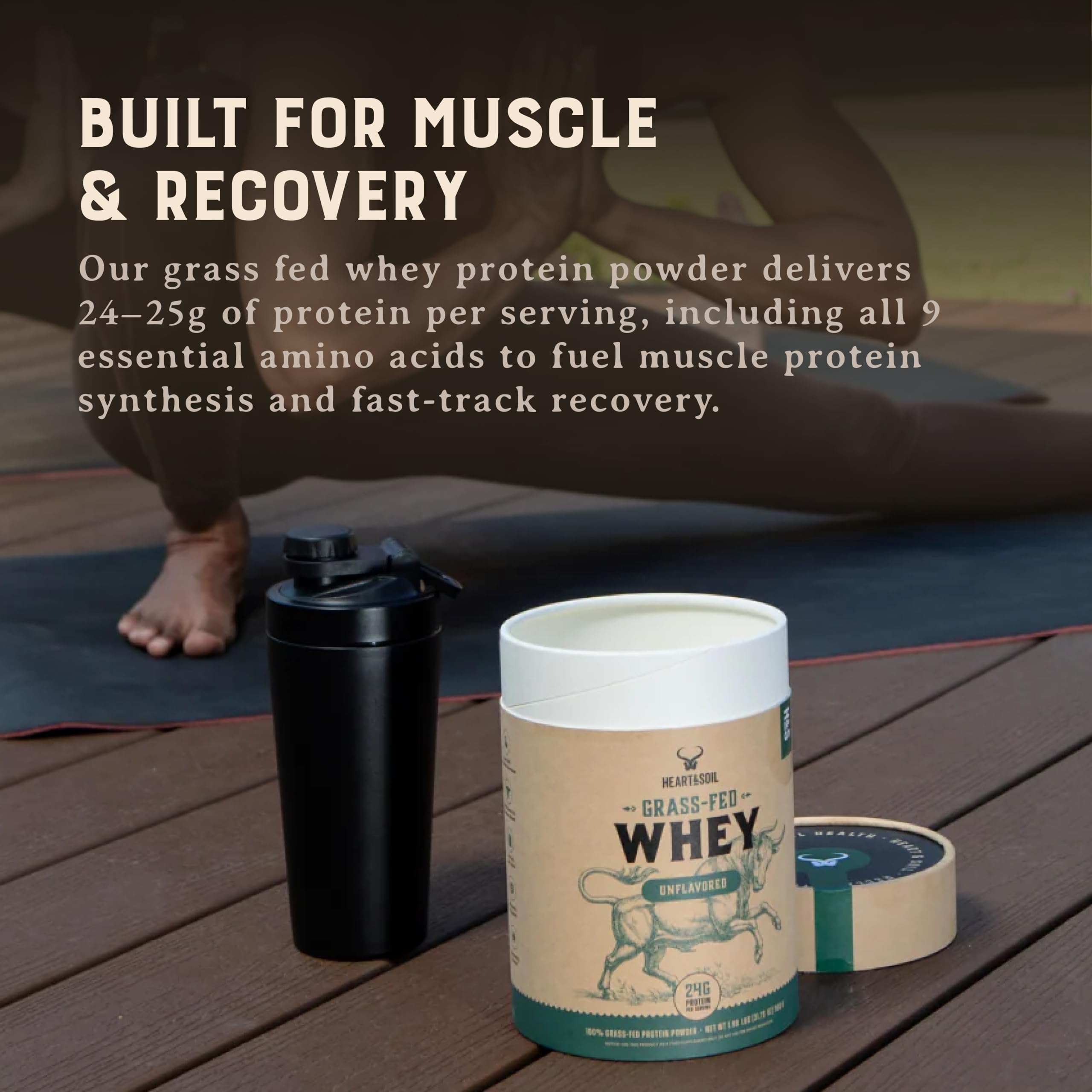 Pouring HEART & SOIL unflavored whey into a glass for a versatile shake.