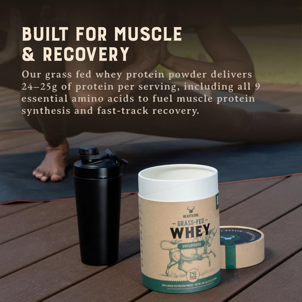 Pouring HEART & SOIL unflavored whey into a glass for a versatile shake.