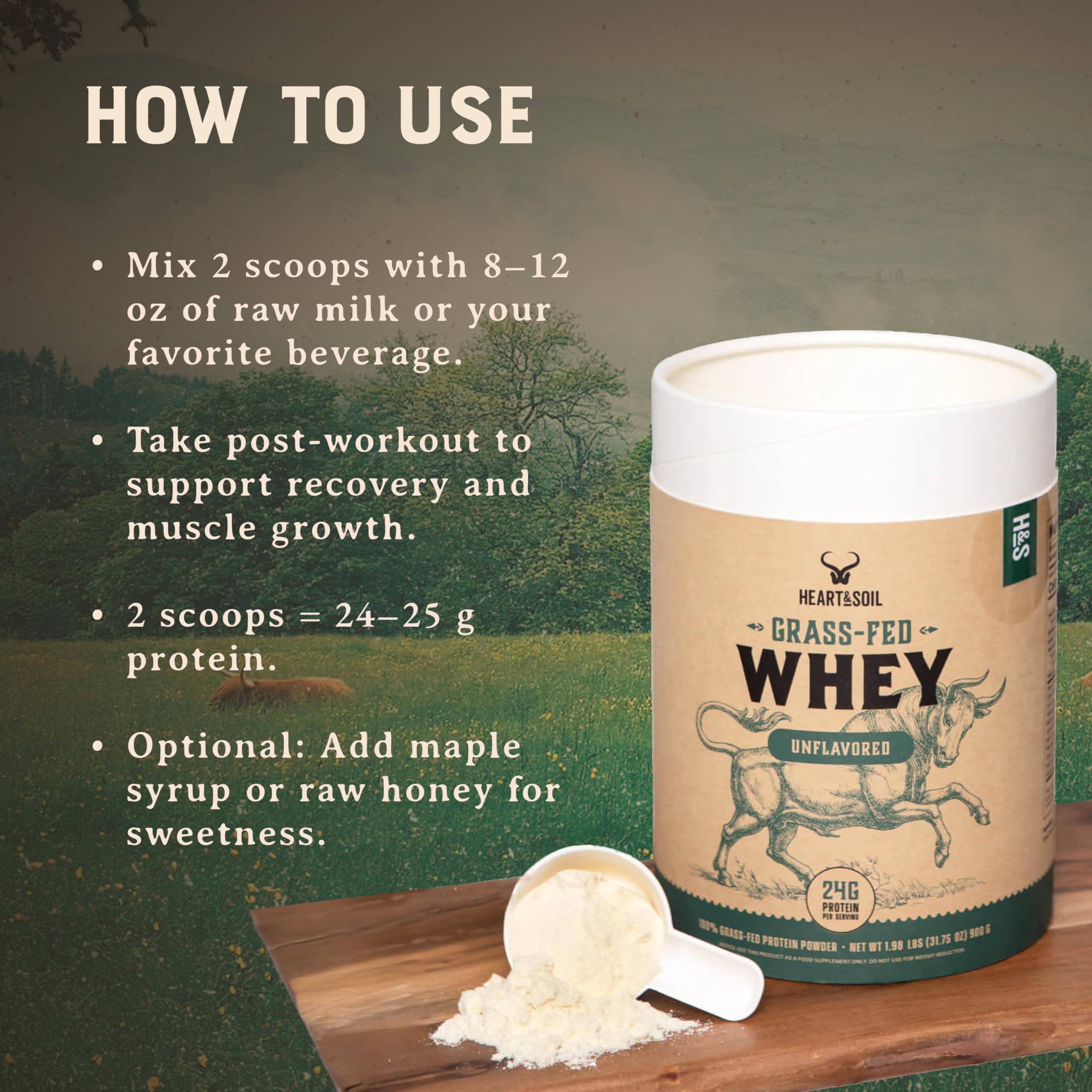 Close-up of fine HEART & SOIL whey powder texture.