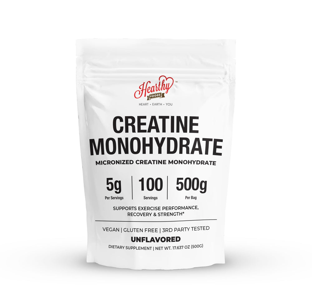HEARTHY FOODS Creatine micronized powder bottle for smooth mixing and consistent workouts.