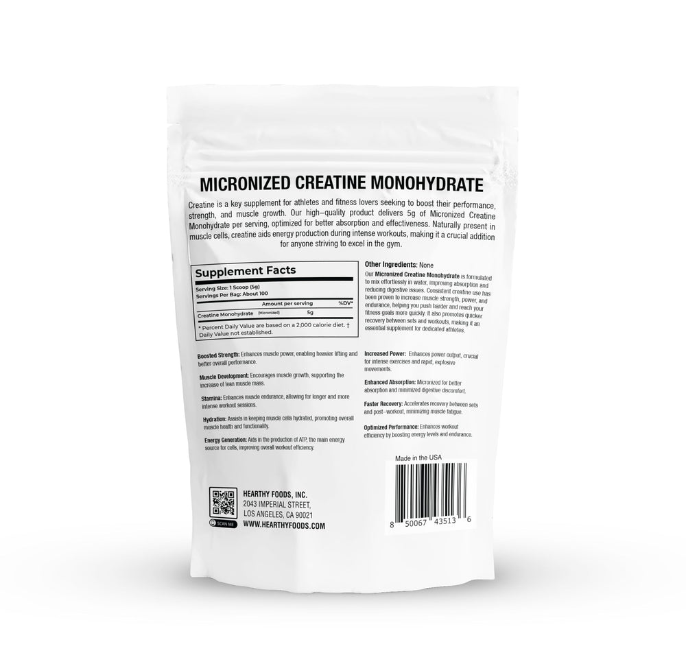 HEARTHY FOODS Creatine micronized powder scoop showing precise 5 g serving for performance.