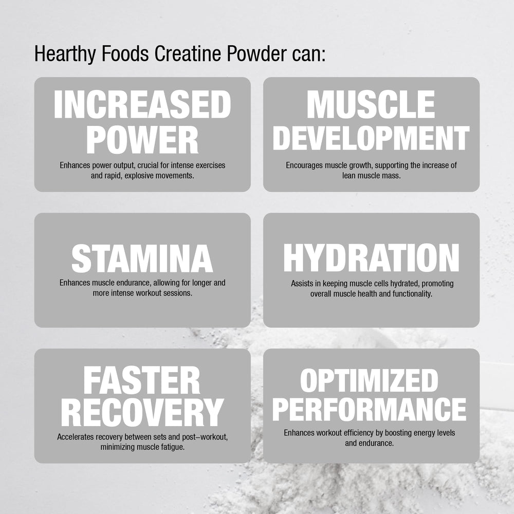 HEARTHY FOODS Creatine packaging open with shake, highlighting vegan and gluten-free formula.