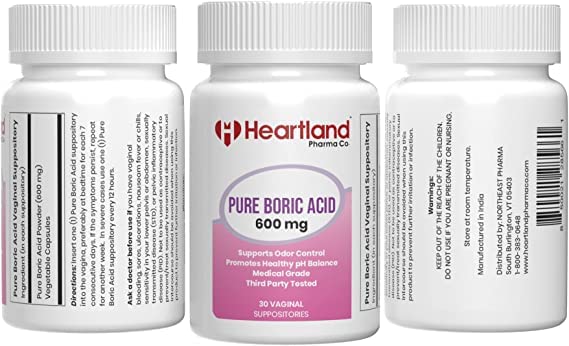 Heartland Pharma boric acid suppositories box with suppositories for balanced comfort.