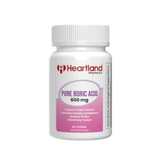 Heartland Pharma boric acid suppositories packaging shown for discreet on-the-go use.
