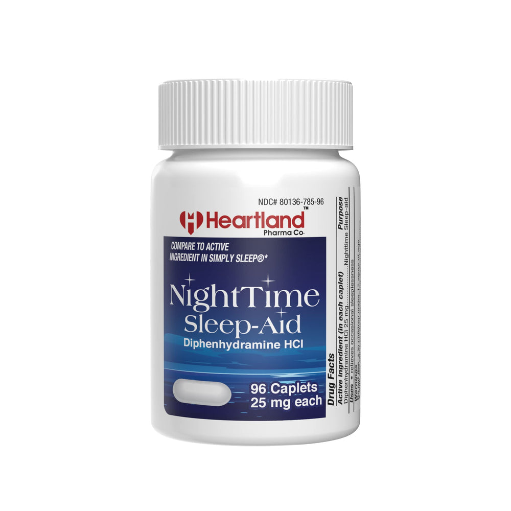 Heartland Pharma diphenhydramine bottle with caplets for occasional sleep support