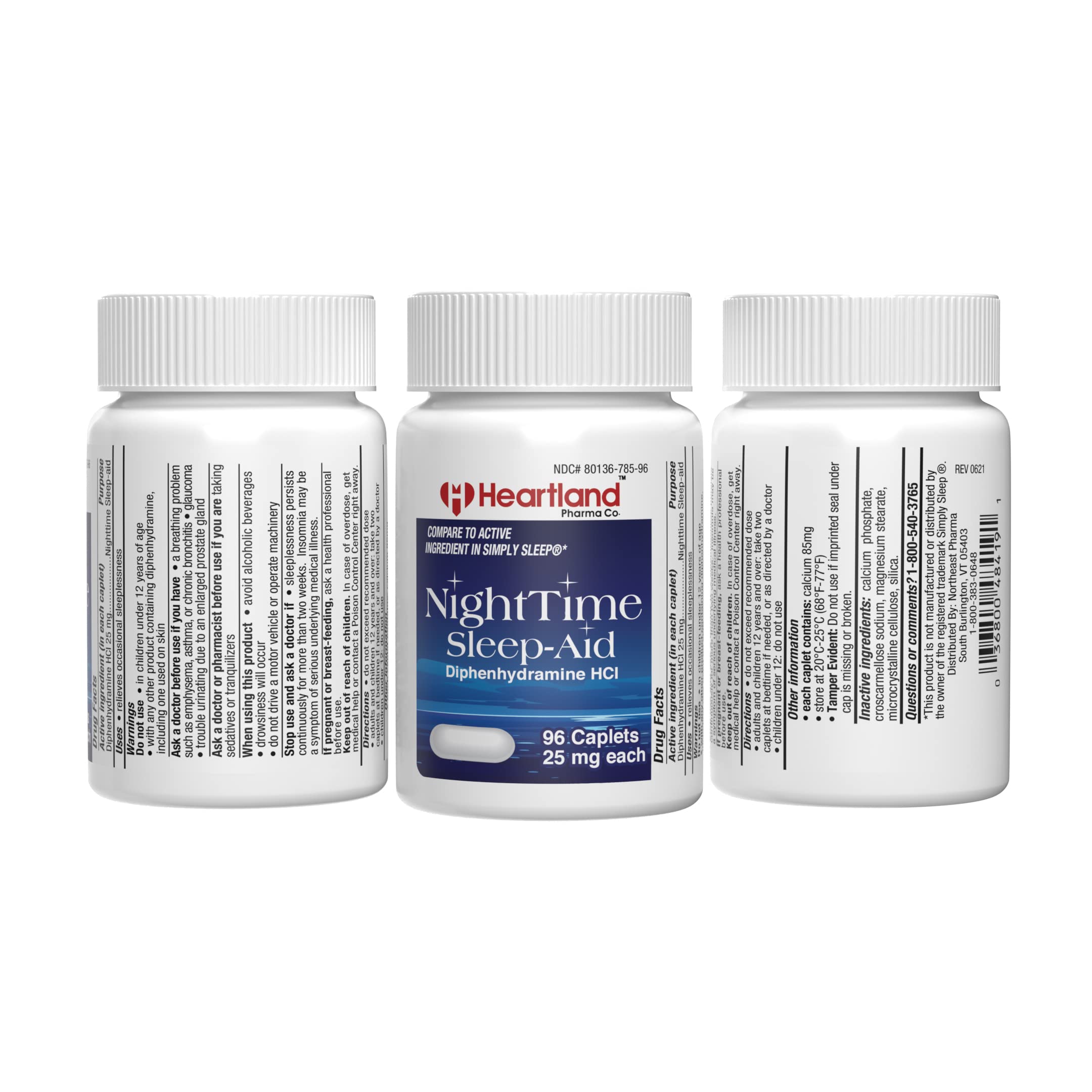 Close-up of Heartland Pharma 25mg caplets for bedtime routine