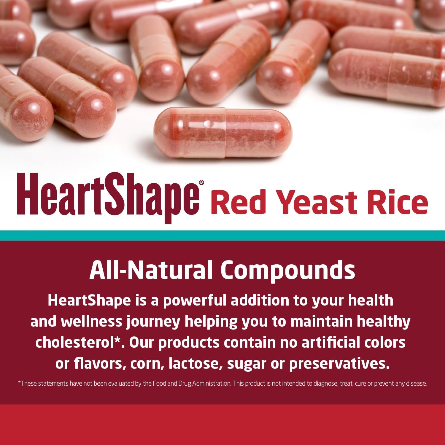 HeartShape Red Yeast Rice capsules on hand suggest easy daily dosage.