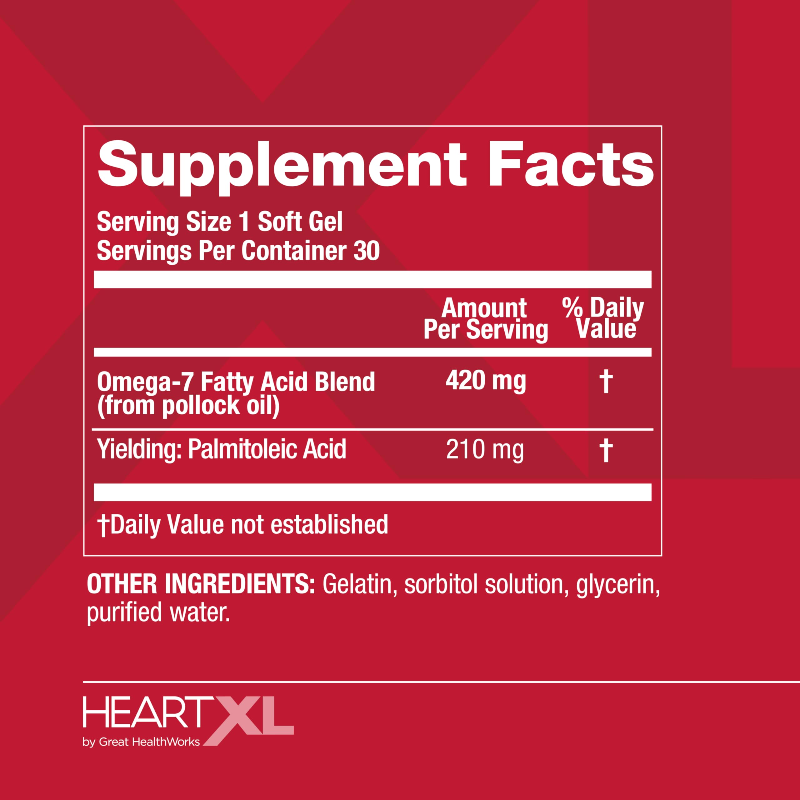 HeartXL Omega-7 packaging detailing natural, science-based support.