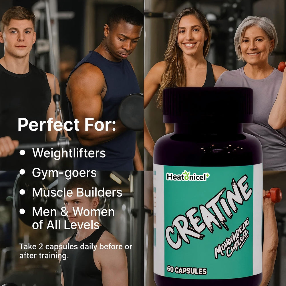 Heatonicel bottle beside gym gear suggests daily supplement routine