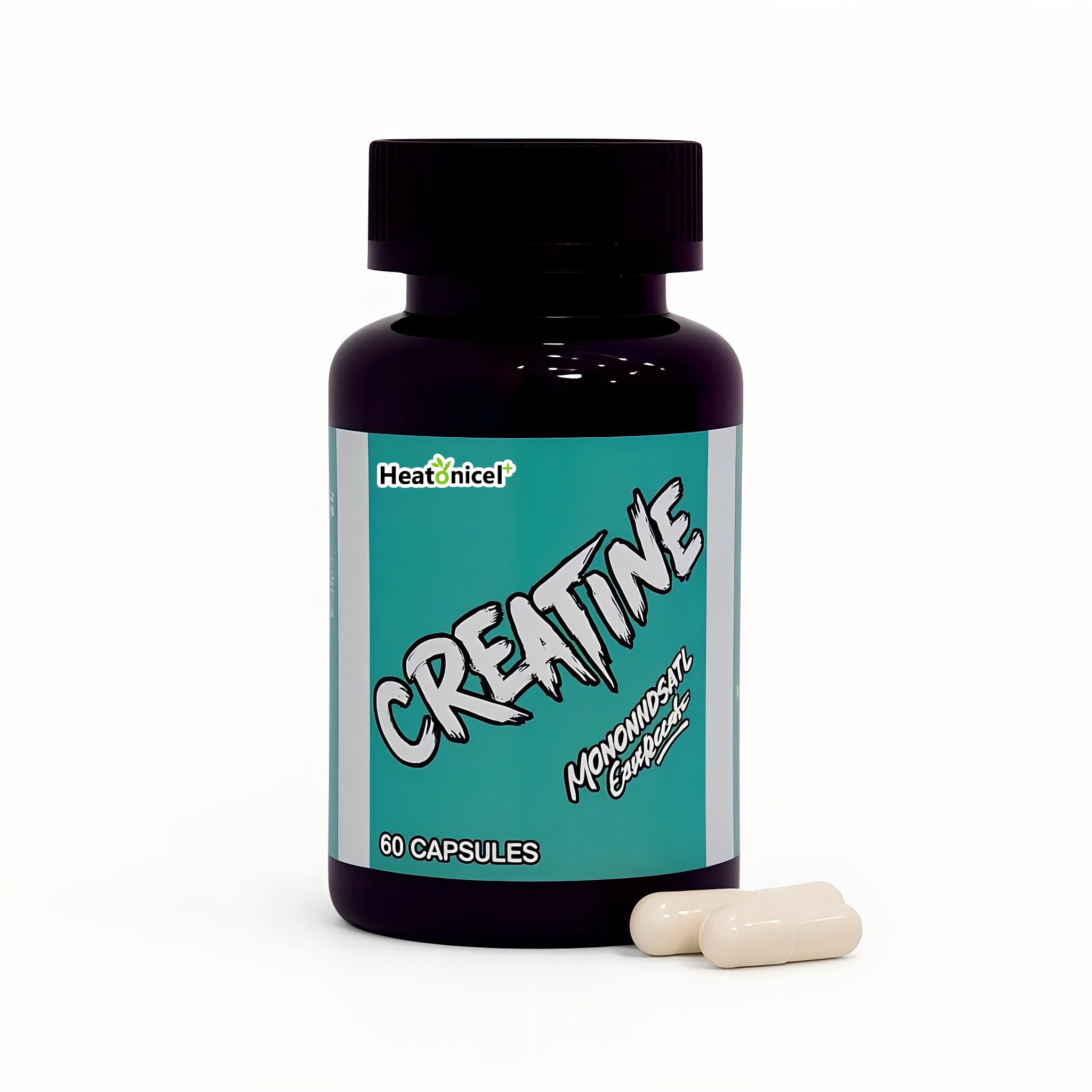 Heatonicel creatine monohydrate capsules bottle ready for gym sessions and energy support