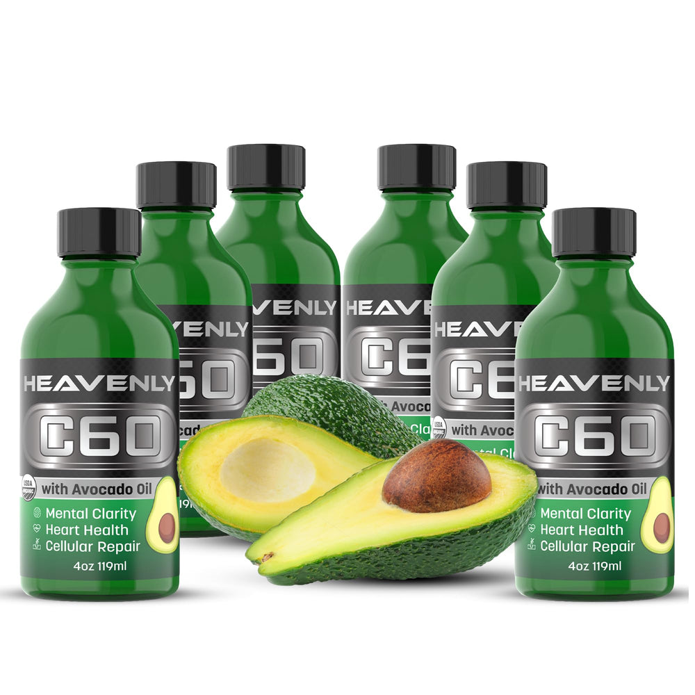 Heavnely Natural C60 avocado oil bottle boosts skin radiance and hair vitality