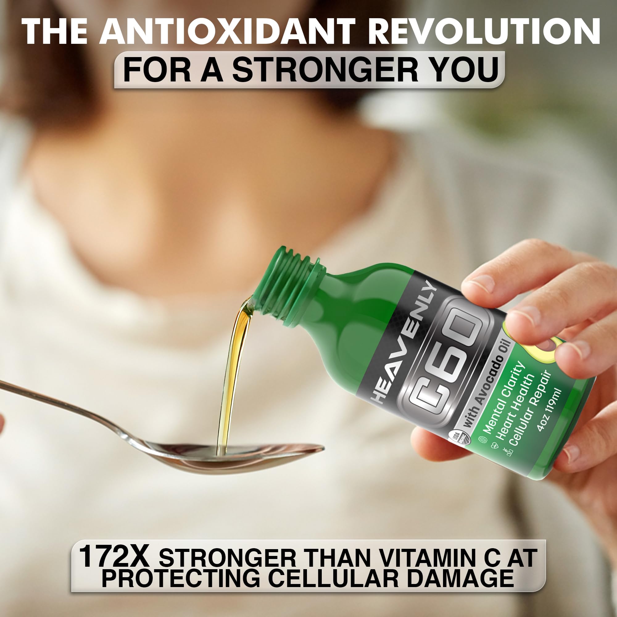 Heavenly Natural C60 avocado oil label highlights GMP status and purity