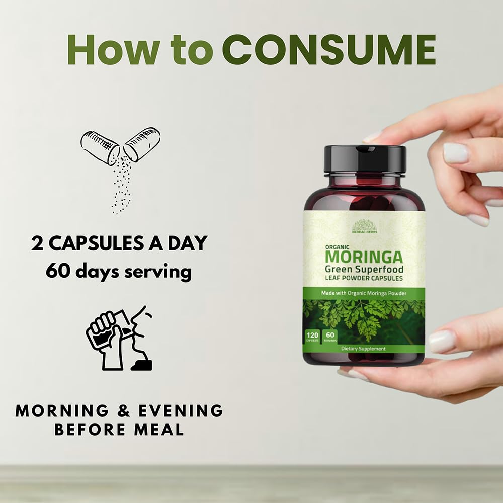 Hebhac Herbs Moringa Capsules GMP ISO stamp signaling manufacturing credibility.