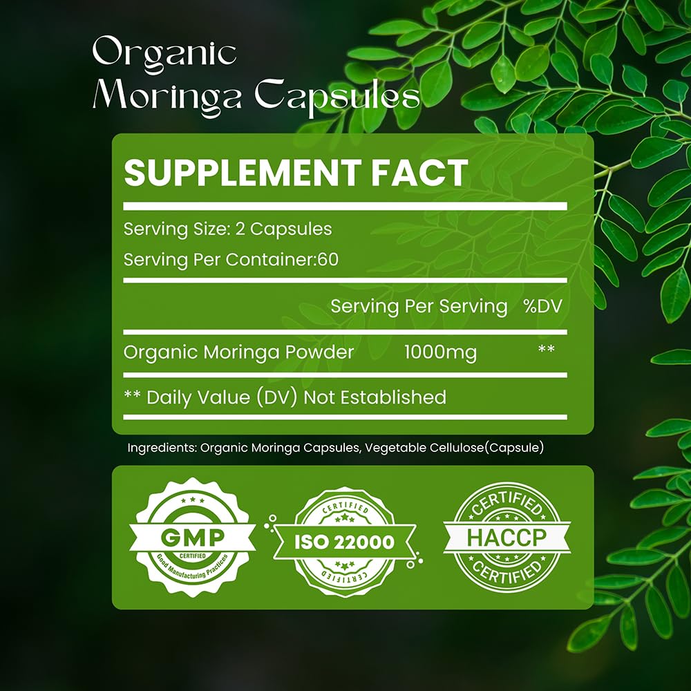 Hebhac Herbs Moringa Capsules close-up, 1000mg capsules for quality nutrition.