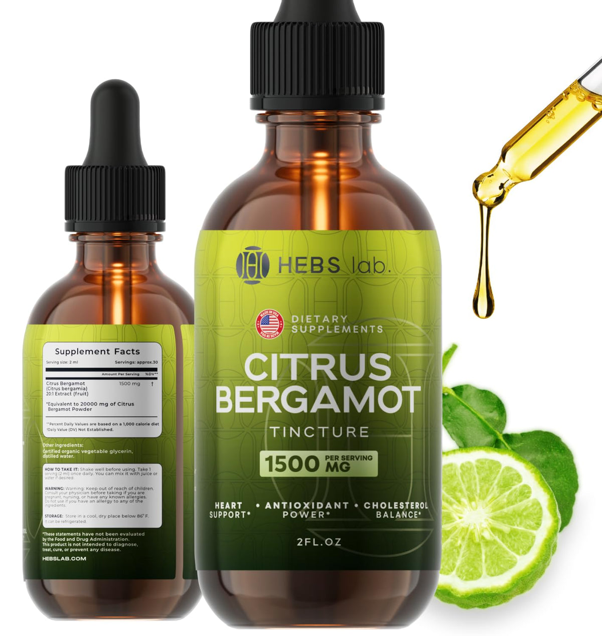 HEBS LAB Citrus Bergamot Drops bottle for daily antioxidant support.