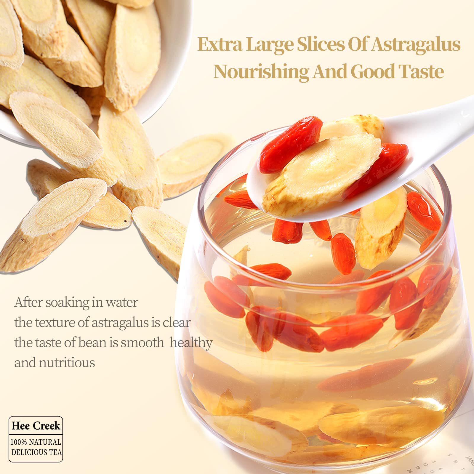 Hee Creek astragalus root slices ready to brew tea, highlighting natural aroma and flavor potential.