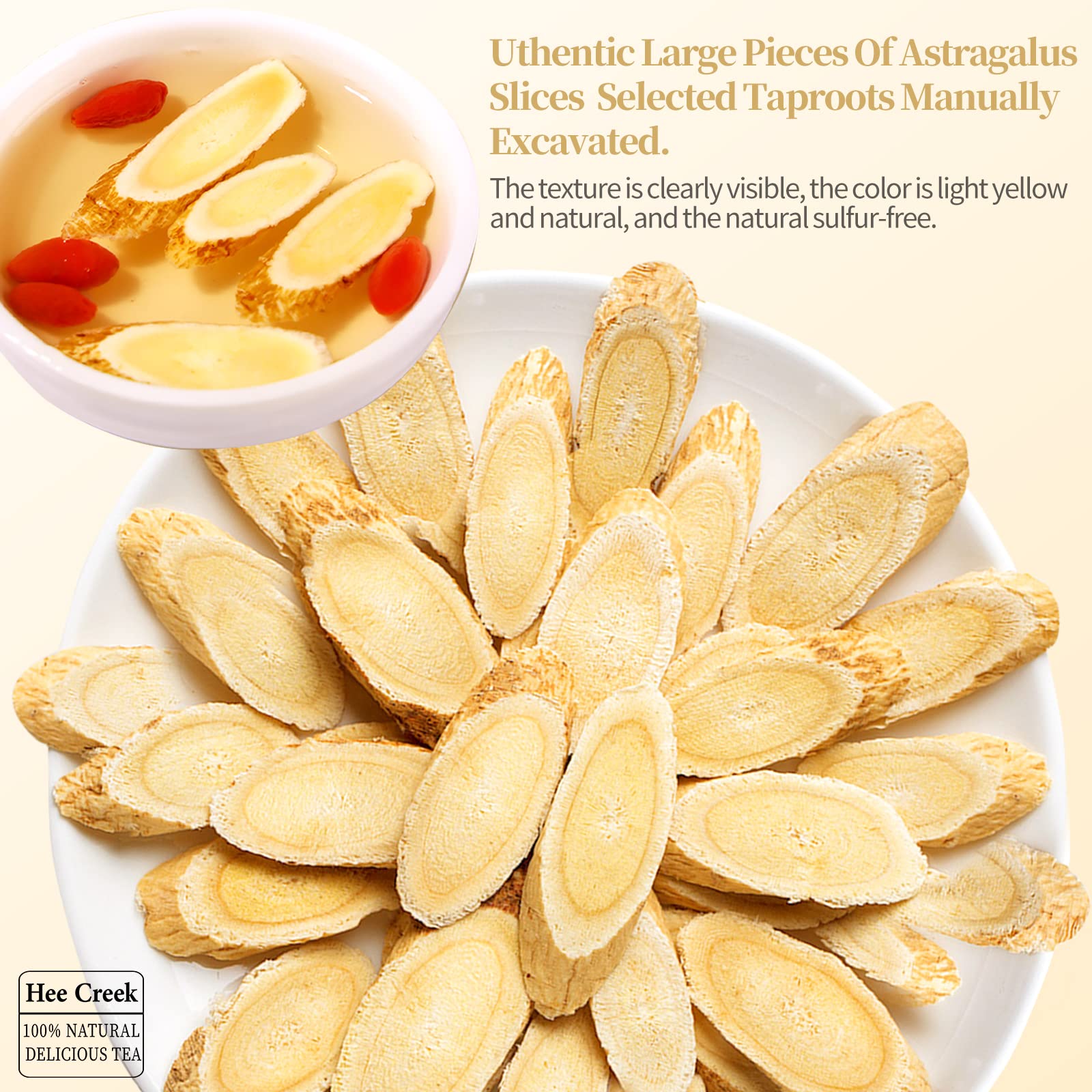 Hee Creek astragalus root slices close-up with thick cores, perfect for slow steeping.