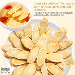 Hee Creek astragalus root slices close-up with thick cores, perfect for slow steeping.