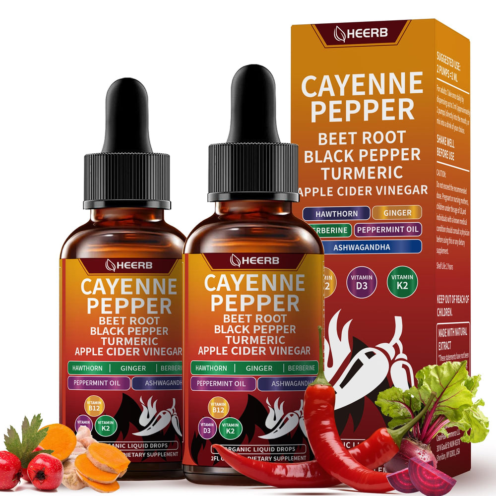 HEERB Organic Cayenne Pepper Drops bottle front promotes daily wellness with a natural formula