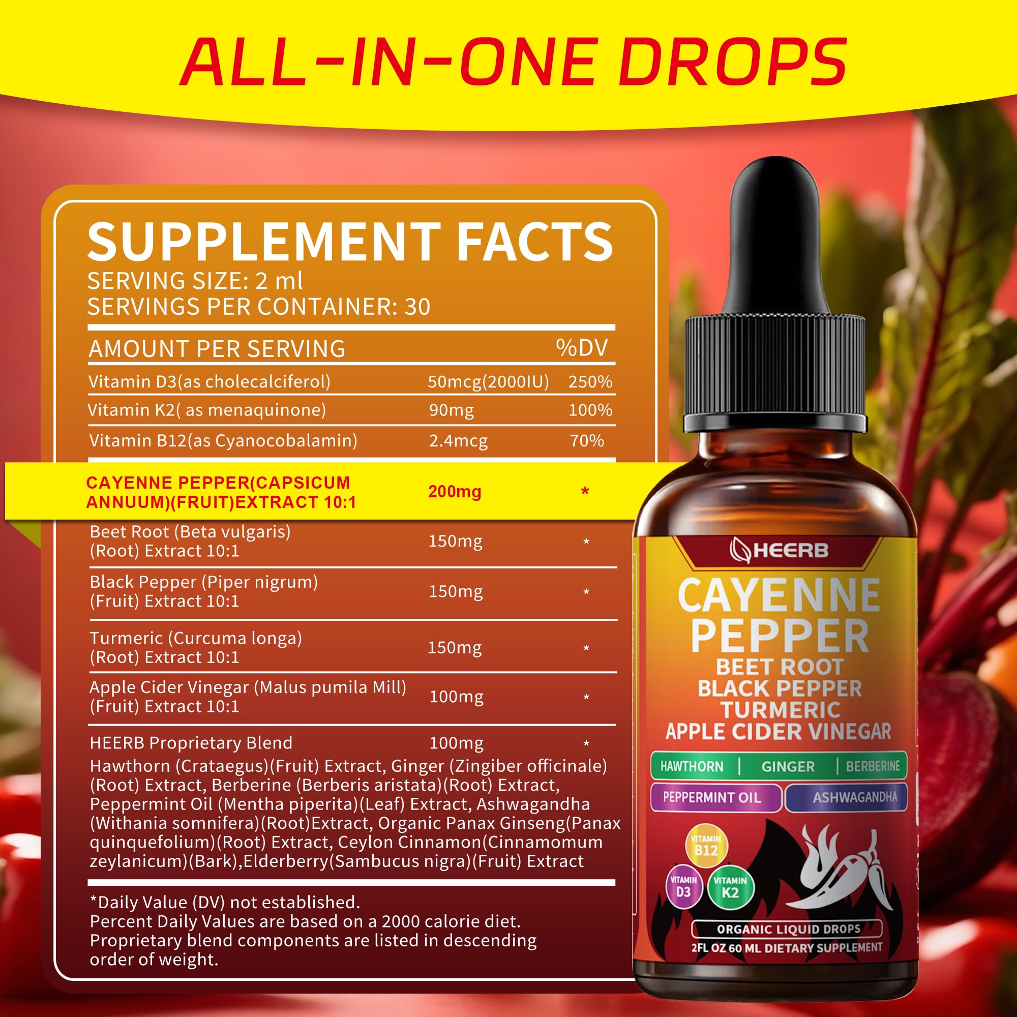 HEERB Cayenne Pepper Drops dissolve-in-water ready for in-drink use