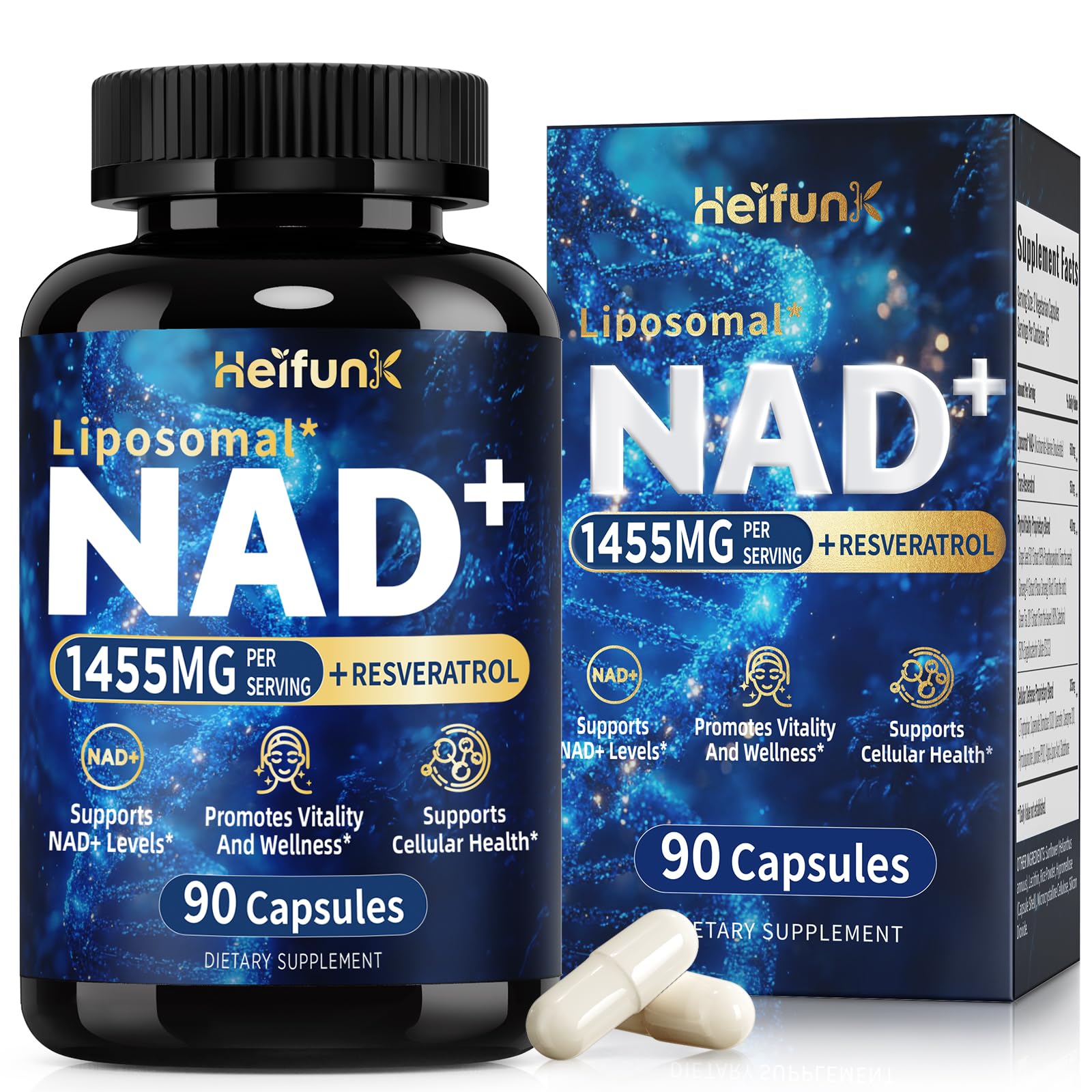 Heifunk NAD+ bottle front view highlighting energy and aging wellness.