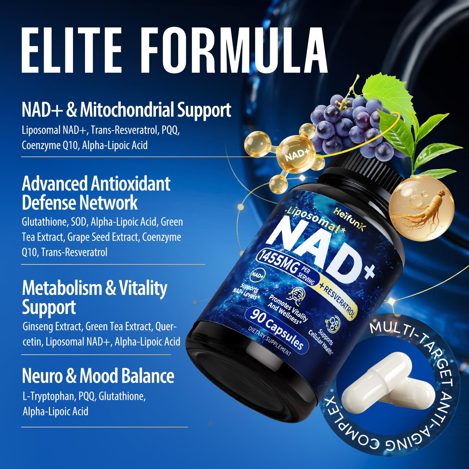 Close-up of Heifunk NAD+ capsules showing liposomal delivery for better absorption.