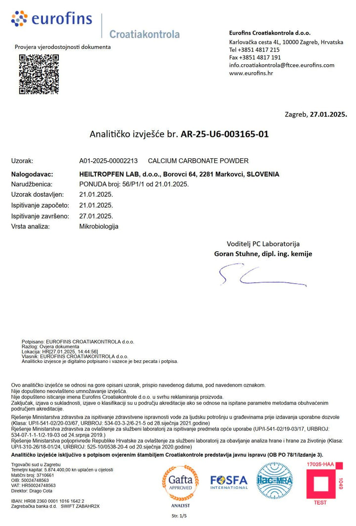 Lab analysis ready Heiltropfen Calcium Carbonate powder for safety and transparency.