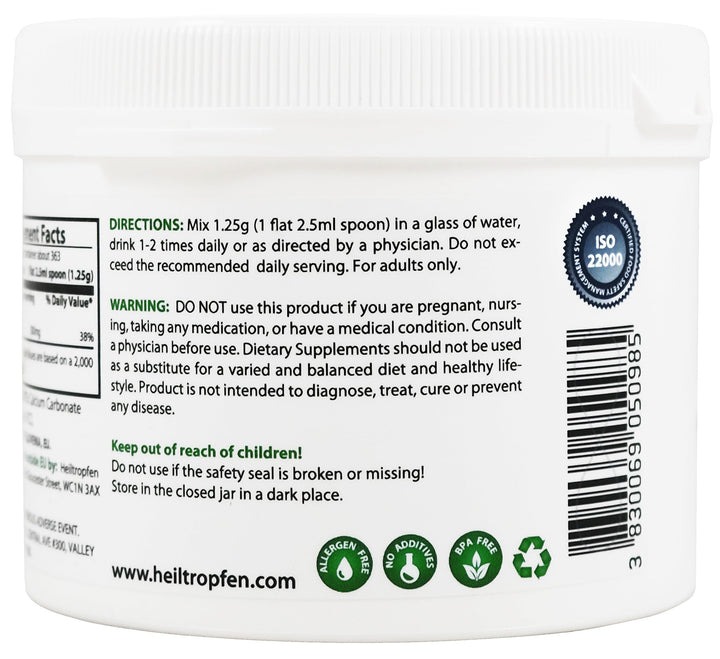 Heiltropfen Calcium Carbonate powder measured for recipes and supplements.