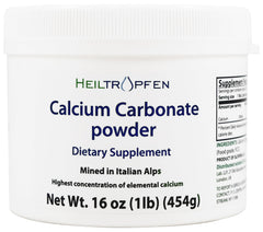 Heiltropfen Calcium Carbonate powder packaging showcasing purity for dietary use.