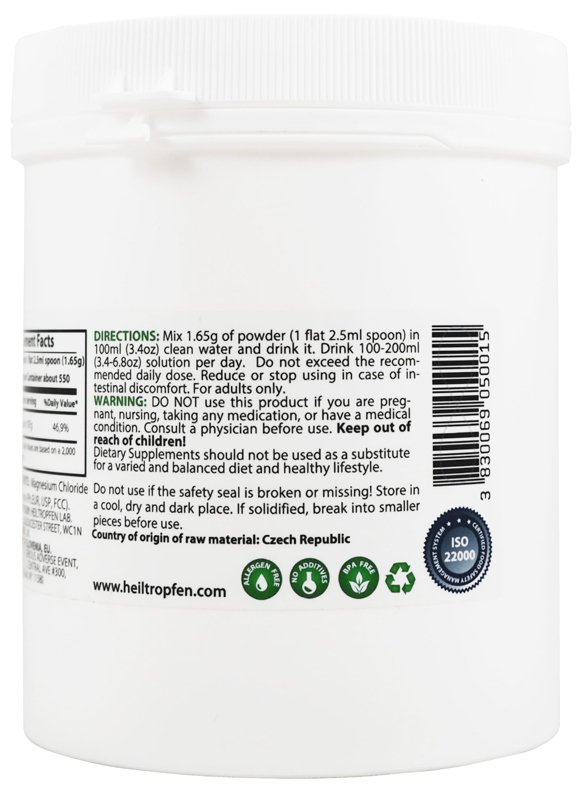 Heiltrop magnesium chloride hexahydrate crystal powder close-up highlighting purity.