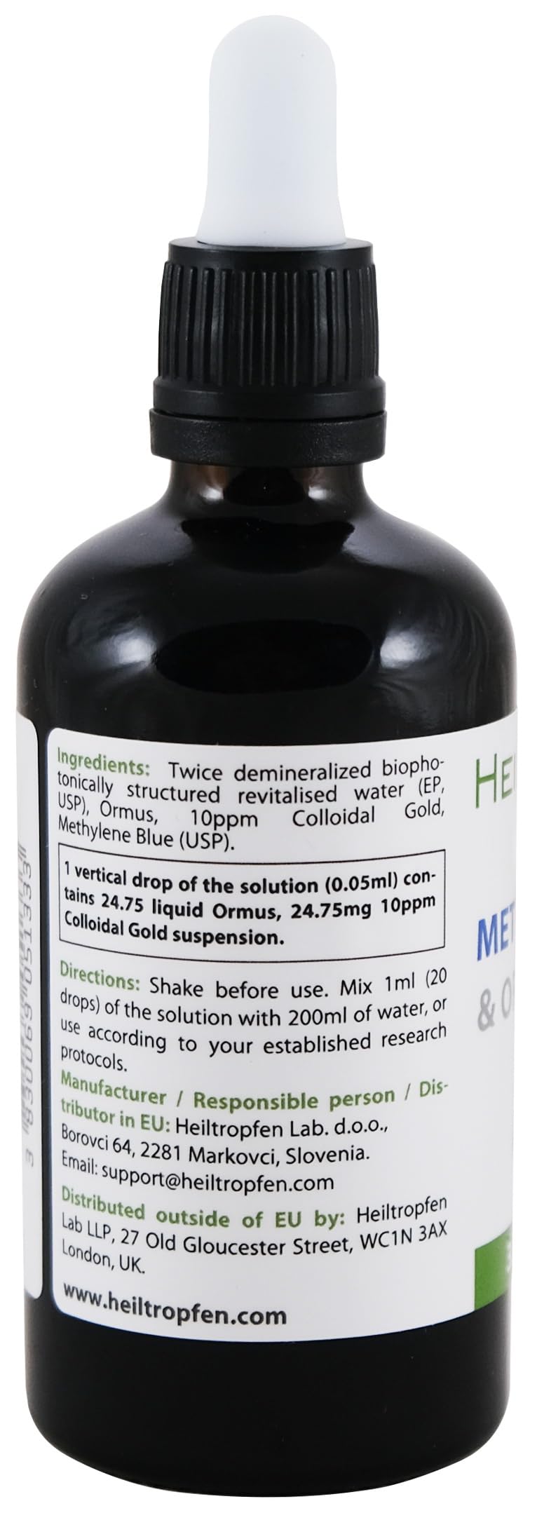 Heiltropfen Methylene Blue Ormus Gold bottle side, label details visible