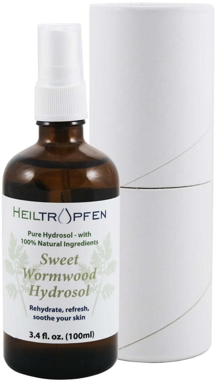Heiltropfen Sweet Wormwood Hydrosol bottle shows natural ingredients for gentle skin care.