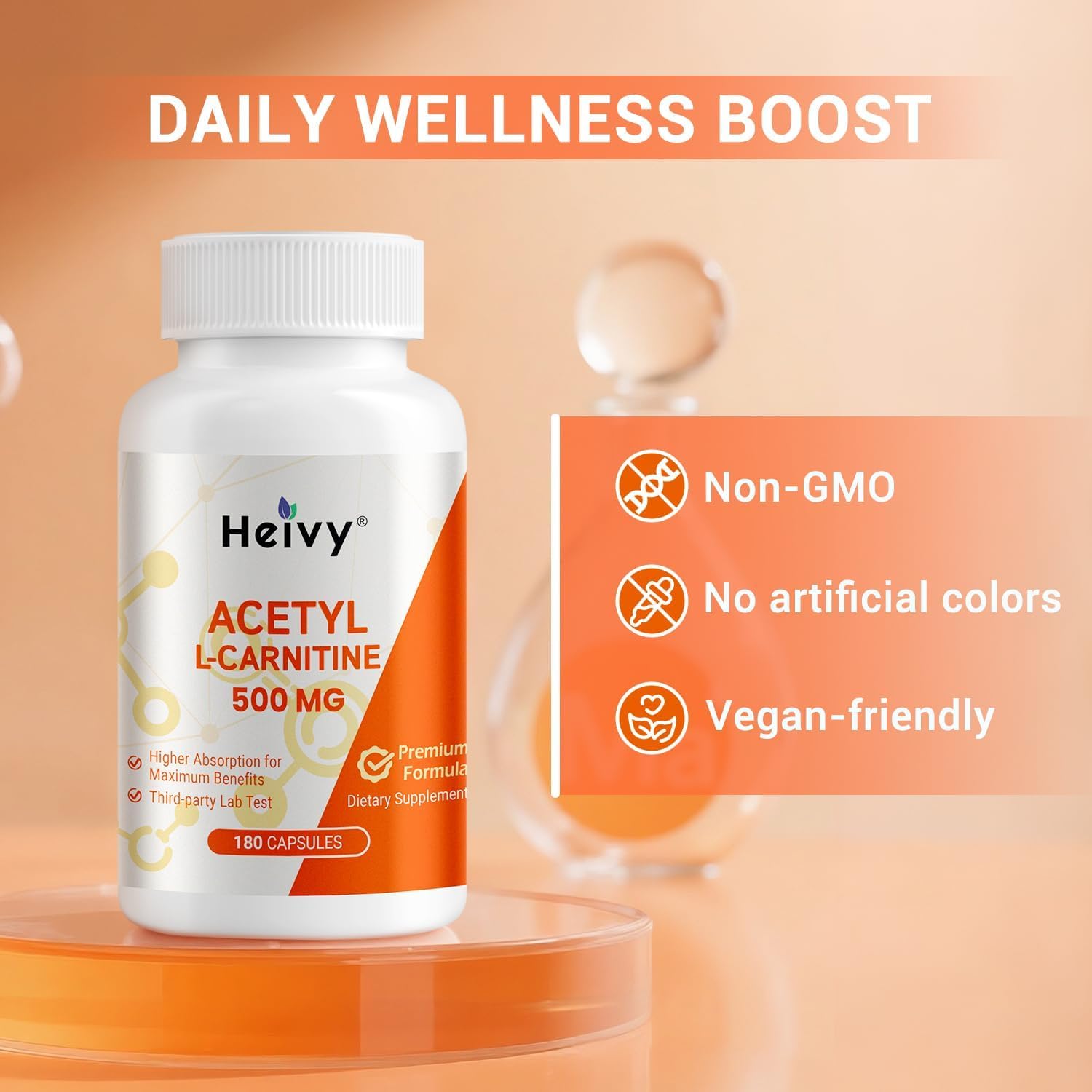 Heivy Acetyl L-Carnitine 500 mg dosage chart showing daily use