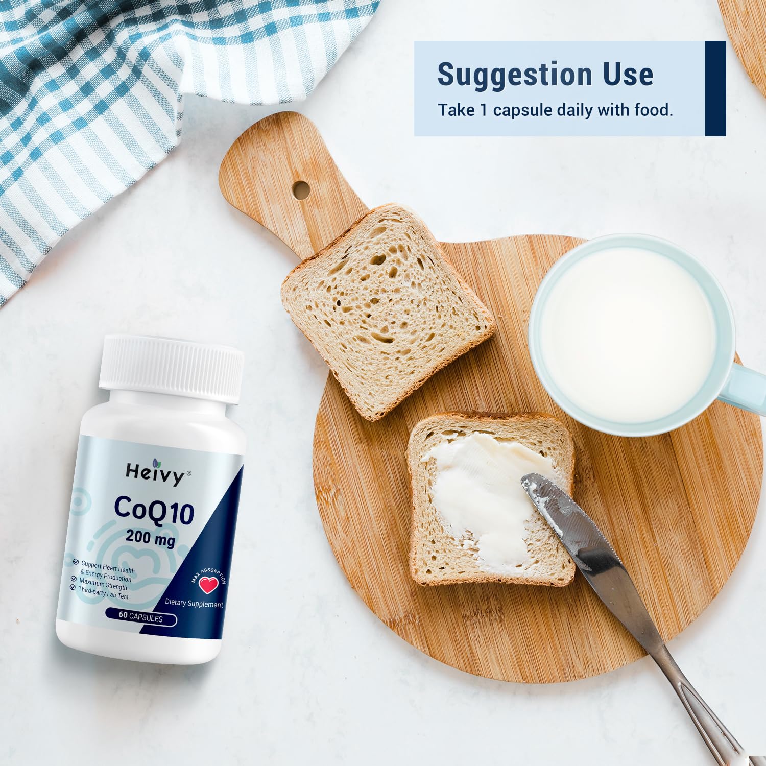 Heivy CoQ10 60-day supply graphic indicating consistent daily support.