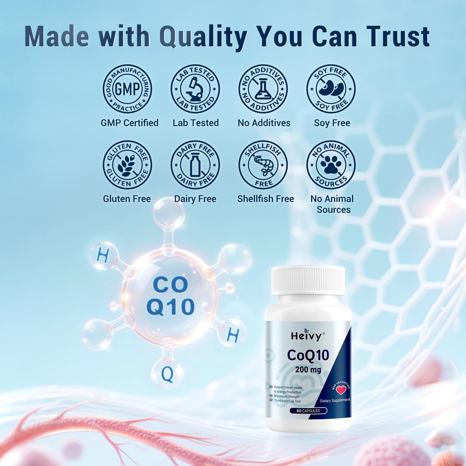 Heivy CoQ10 bottle label close-up showing non-GMO and gluten-free claims.