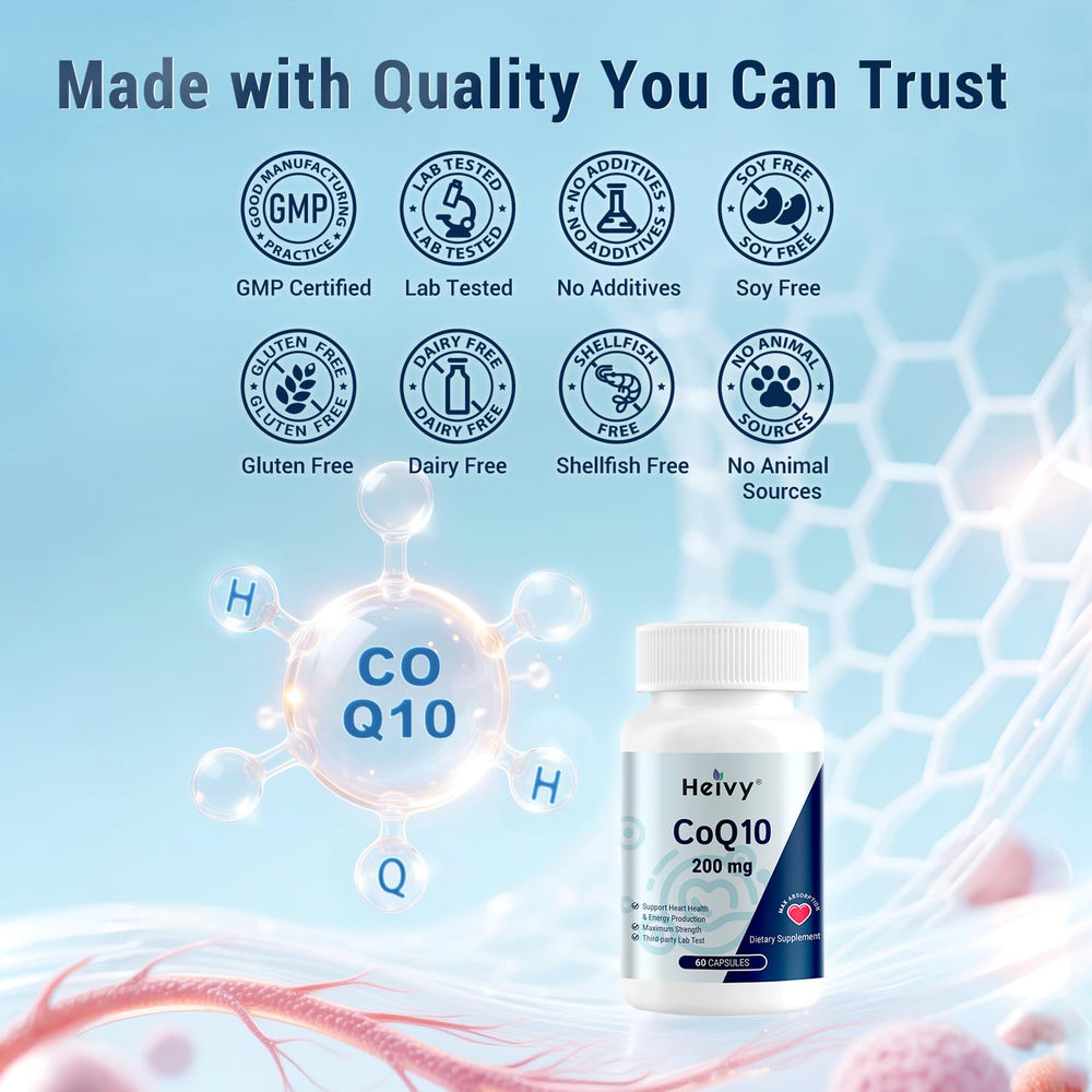 Heivy CoQ10 bottle label close-up showing non-GMO and gluten-free claims.