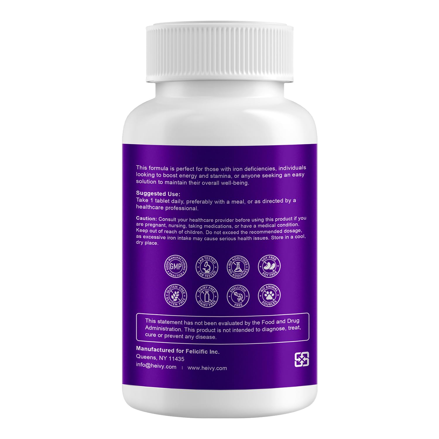 Heivy ferrous sulfate 325mg bottle label detail featuring vitamin C for potential absorption support.