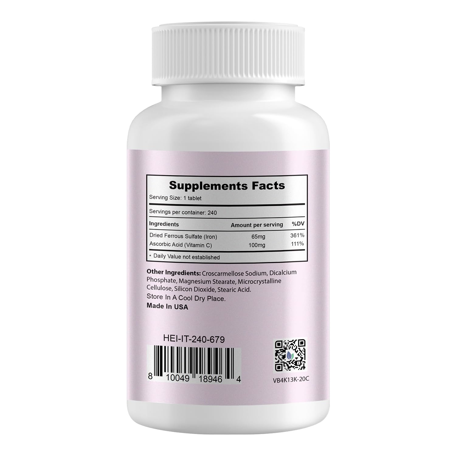Heivy ferrous sulfate 325mg tablets close-up, easy-to-swallow iron pills for energy support.