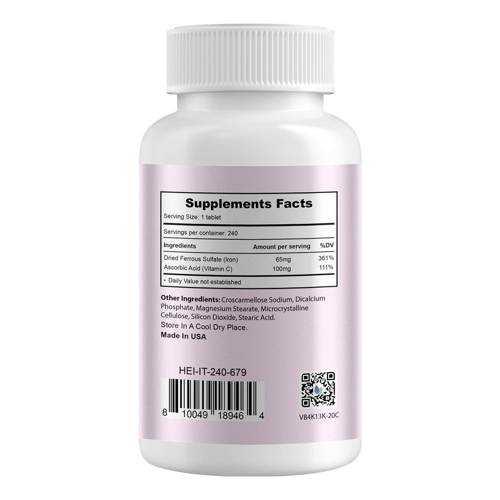 Heivy ferrous sulfate 325mg tablets close-up, easy-to-swallow iron pills for energy support.