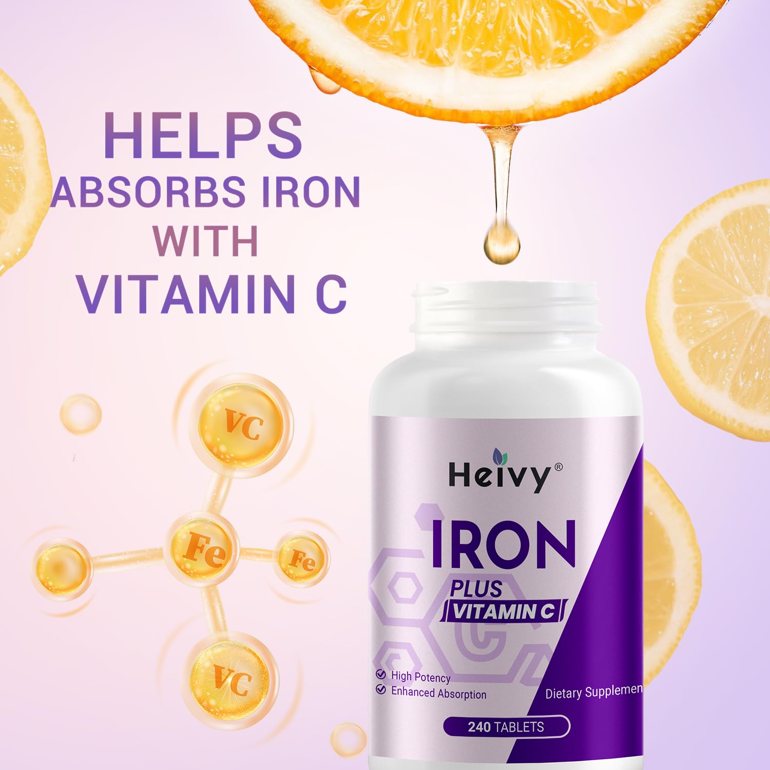 Heivy ferrous sulfate 325mg vitamin C bottle shot, emphasis on non-GMO and gluten-free attributes.