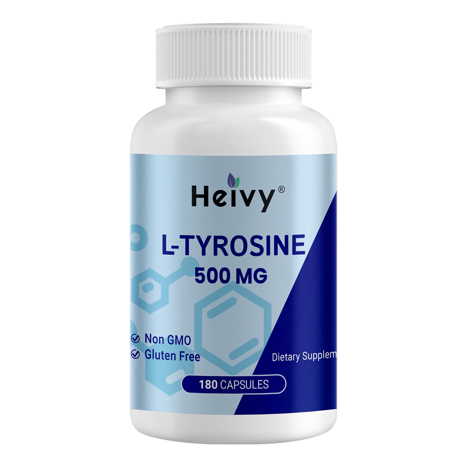 Heivy L-Tyrosine 500mg bottle close-up supports daily focus during study tasks.