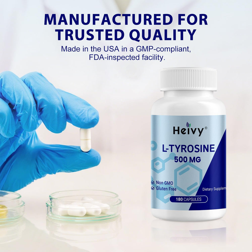 Heivy L-Tyrosine bottle with daily routine setup promotes sustained alertness.