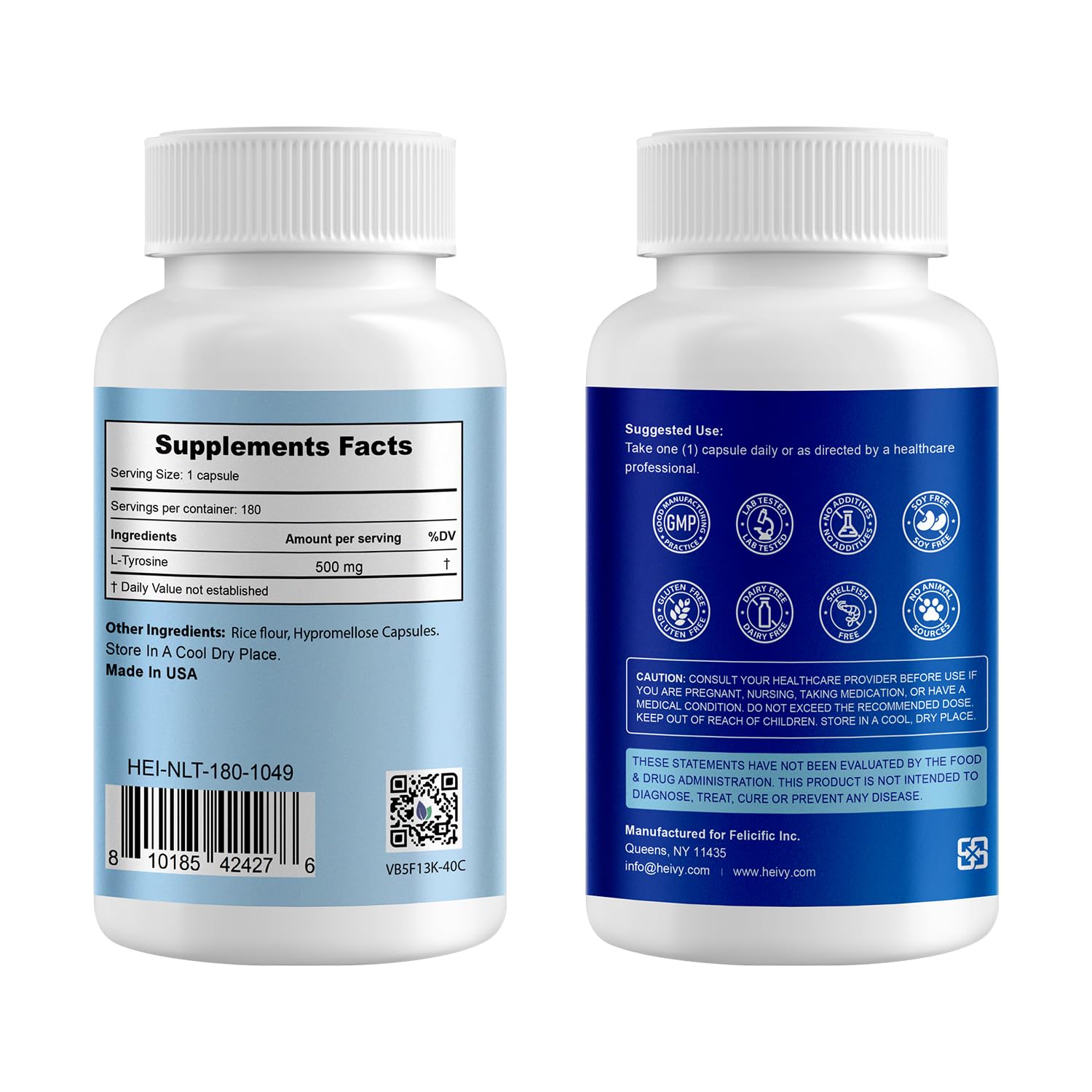 Heivy L-Tyrosine capsules in bottle for easy daily dosing and mental clarity.
