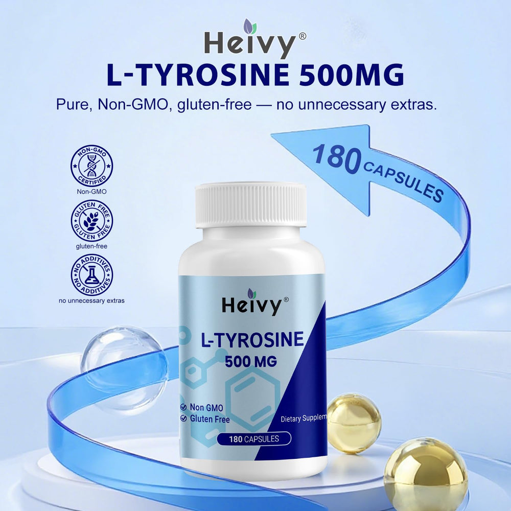 Front view of Heivy L-Tyrosine packaging highlights non-GMO, gluten-free formula.