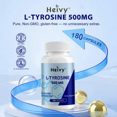 Front view of Heivy L-Tyrosine packaging highlights non-GMO, gluten-free formula.