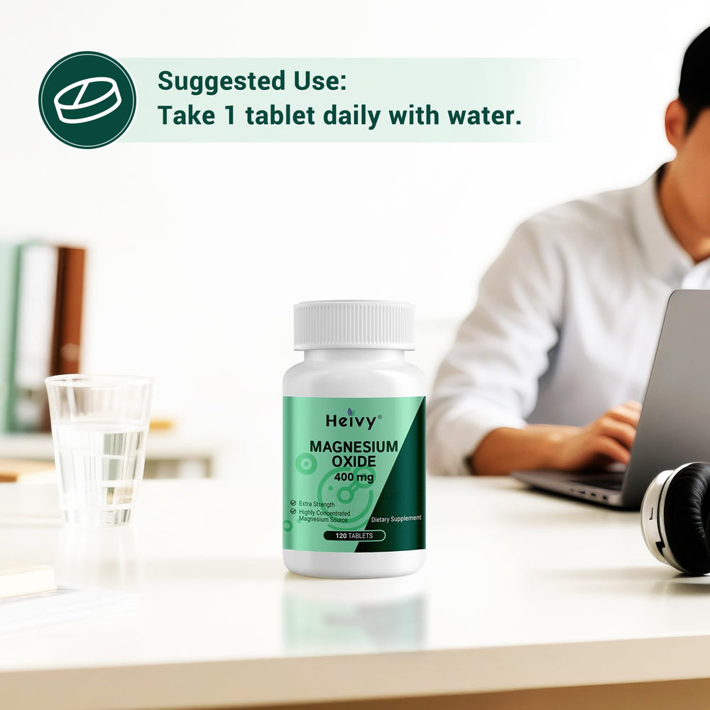 Heivy Magnesium Oxide 400mg bottle on shelf, USA-made quality assurance in a gluten-free formula.