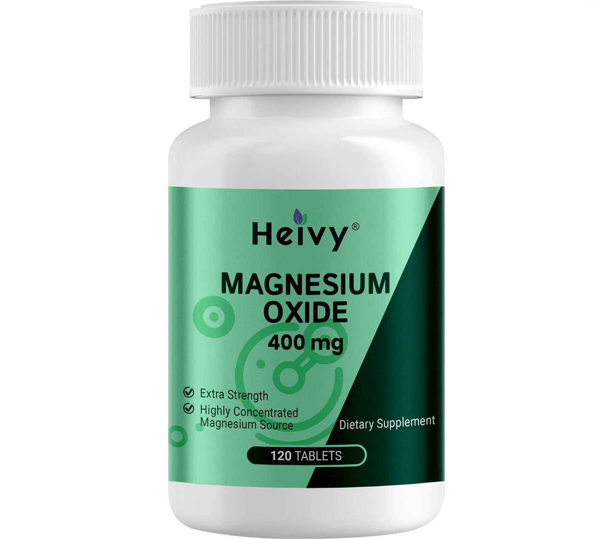 Heivy Magnesium Oxide 400mg bottle, daily supplement for muscle relaxation and calm.