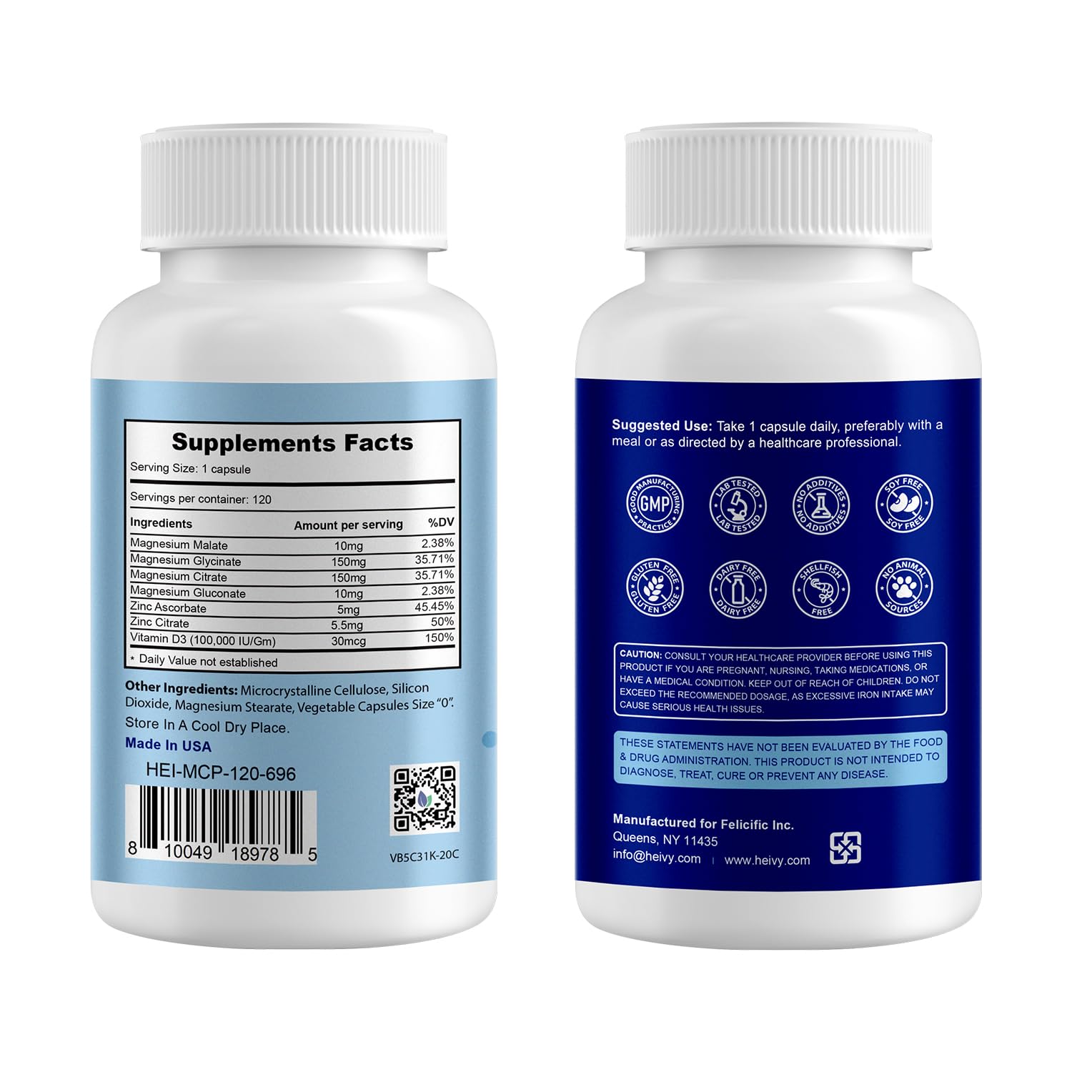 Closeup of Heivy magnesium zinc d3 capsules highlighting easy-to-swallow vegan capsules