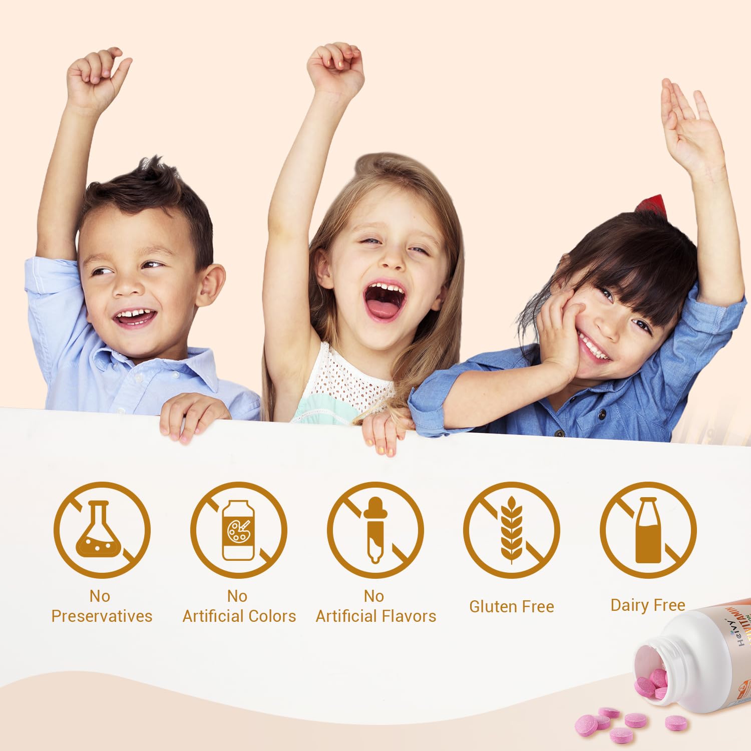 Daily-use routine featuring Heivy chewable vitamins for children.
