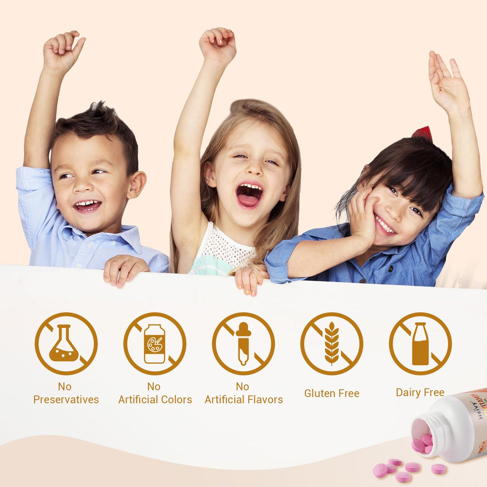 Daily-use routine featuring Heivy chewable vitamins for children.